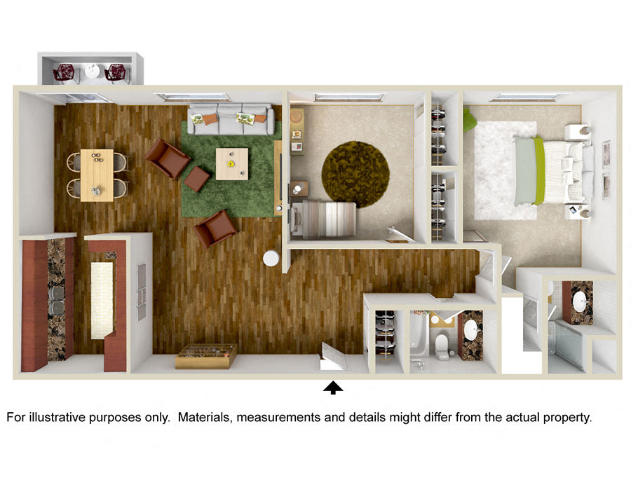 Floor plan for 2 beds, 2 baths, 1040 sqft